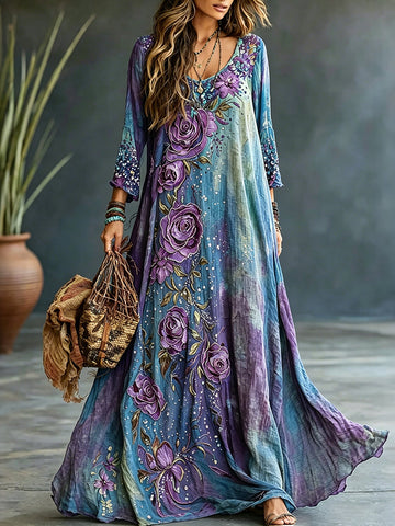 Women's Vintage Romantic Floral Art Linen Blend Round Neck Long Sleeve Maxi Dress