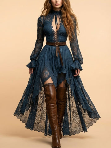Women's Vintage Western Teal Lace High Low Dress Long Bell Sleeve High Neck Gothic Boho Maxi Dress