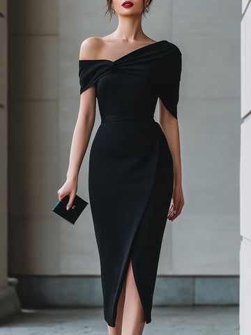 Black Asymmetric Off-Shoulder Midi Dress