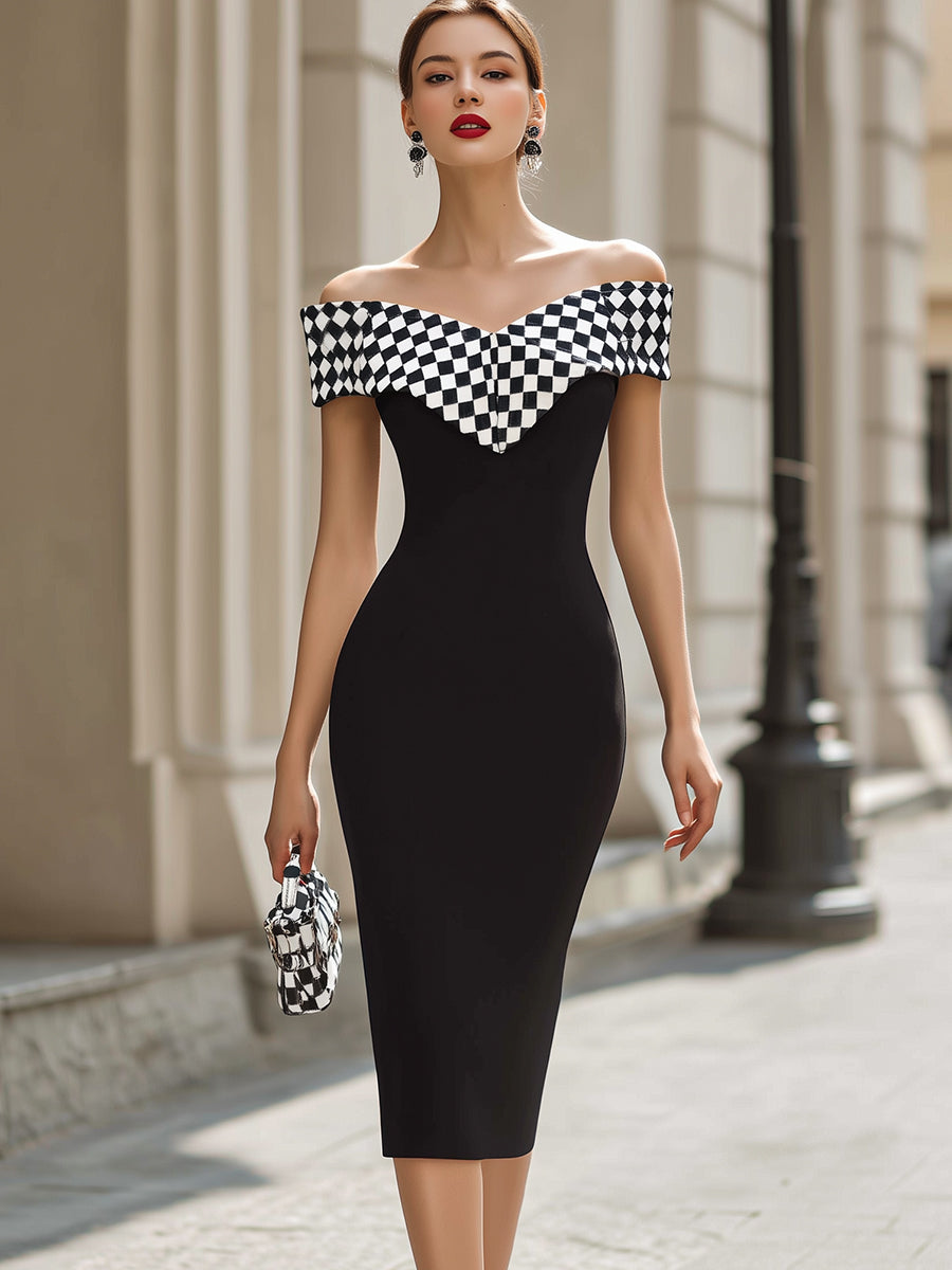 Chic Black & White Checkered Off-Shoulder Bodycon Midi Dress