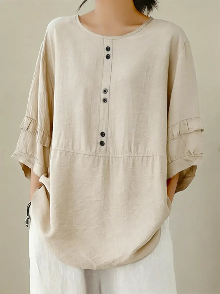 Women's Solid Color Casual Round Neck Button Cotton Linen Shirt