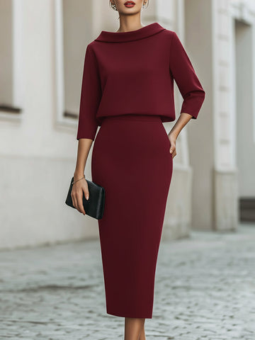 Boat Neck Top And Midi Skirt Set