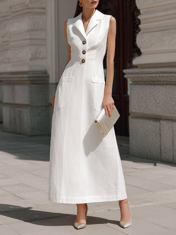 Structured Button-Front Sleeveless Tailored Maxi Dress