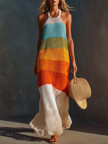 Breathable Vacation Halter-Neck Lightweight Striped Knit Maxi Dress