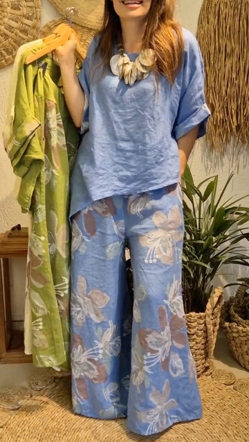 Round Neck Linen Floral Print Wide Leg Pants Set