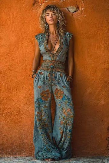 Retro V-Neck Printed Waist-Cinching Wide-Leg Jumpsuit