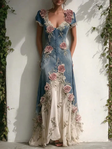 Women's Vintage Elegant Roses Embroidered Art Patchwork V Neck Short Sleeve Maxi Dress