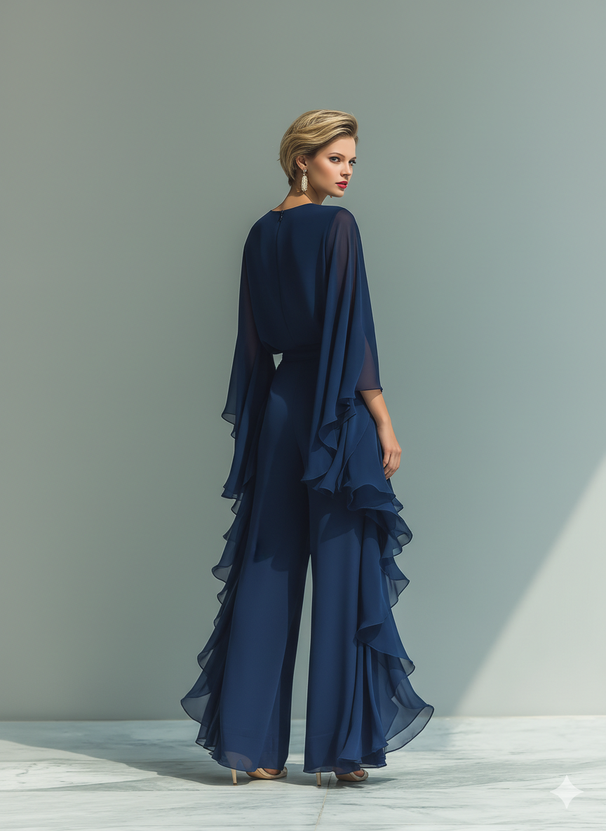 Women’s Navy High-Waisted Ruffle Hem Draped Wide-Leg Pants MDZ1614D6T