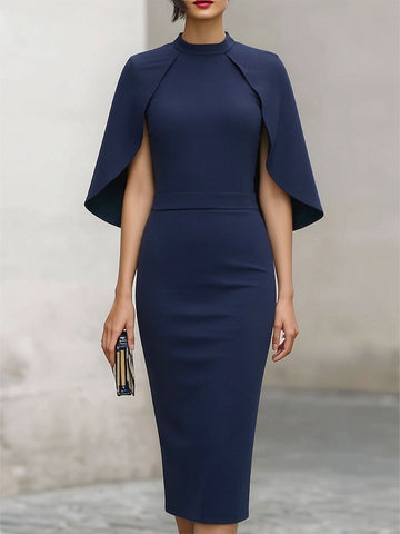 Elegant Navy Cape-Sleeve Midi Dress