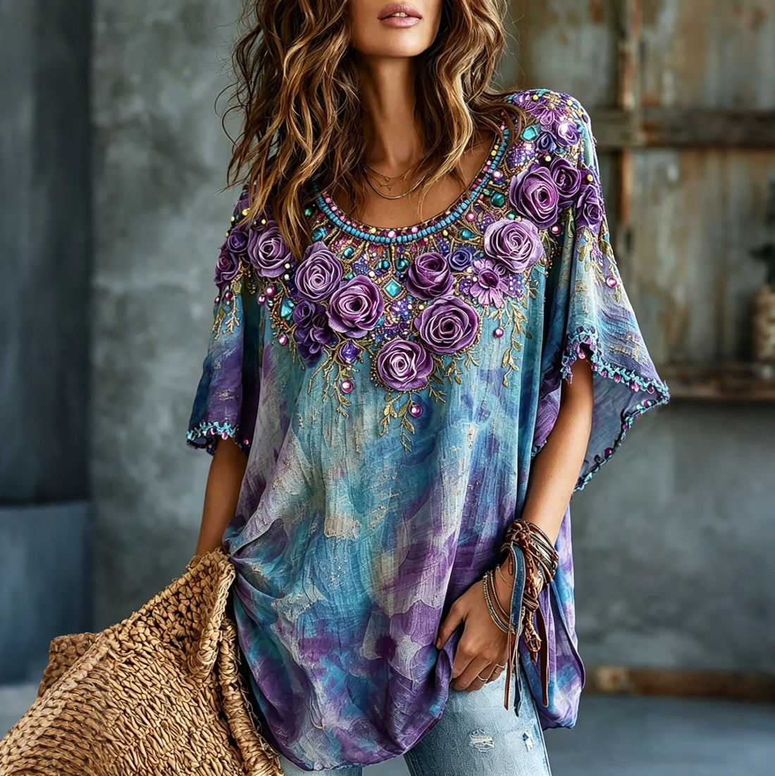 Women's Romantic Floral Art Linen Blend Short Sleeve Tops
