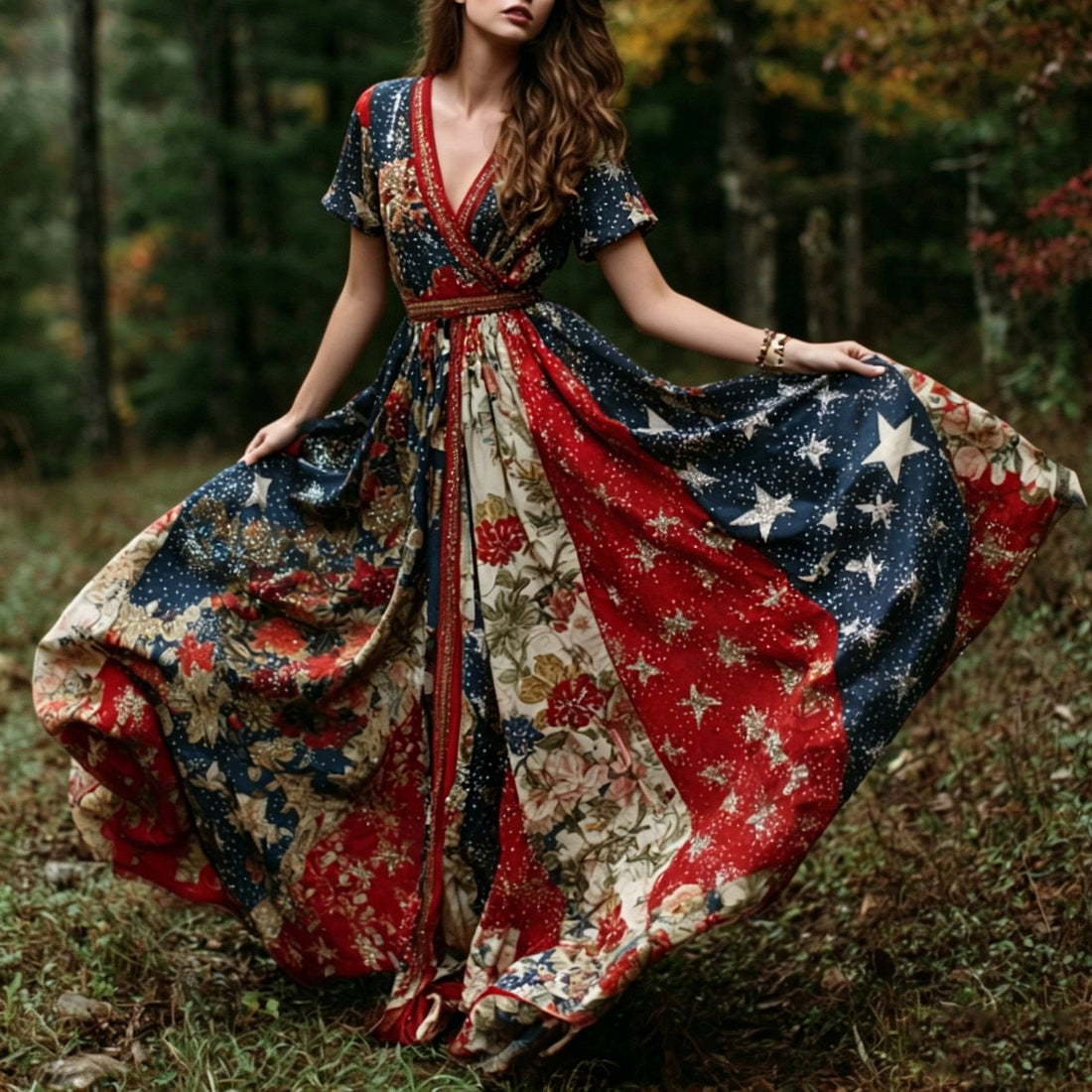 Women's Retro American Flag Floral Print V-neck Short-sleeve Dress