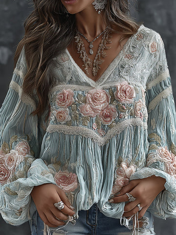 Women's Retro Floral Embroidered Art Print Flowy Linen Blend Casual Tops
