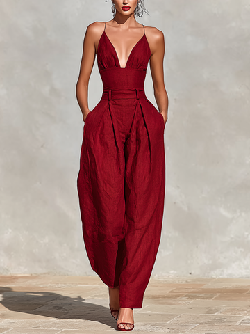 Women's Red Linen Jumpsuit With Spaghetti Straps & High-Waisted Pleated Pants, Timeless Romantic-Elegant Style Jumpsuit MDZ1915C8I