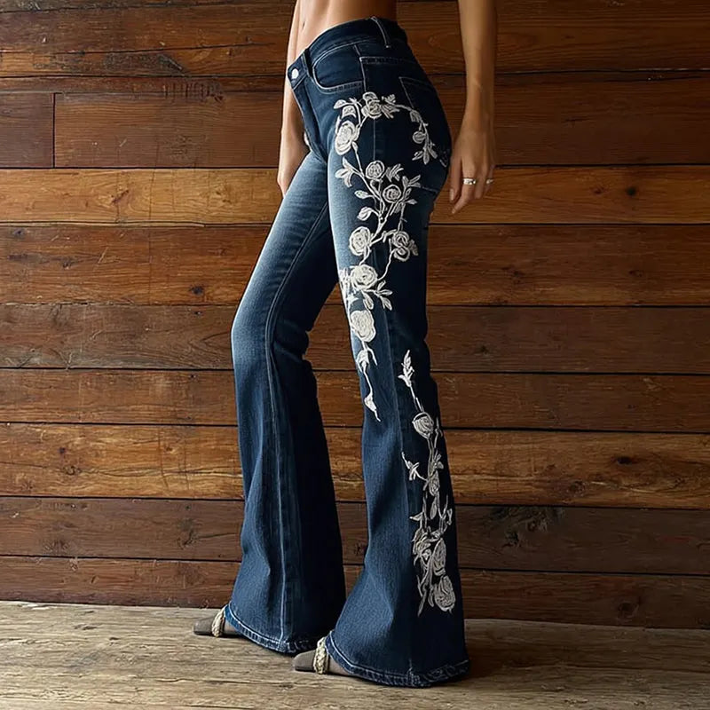 Vintage Bohemian Rose Embroidered Washed Flared Jeans