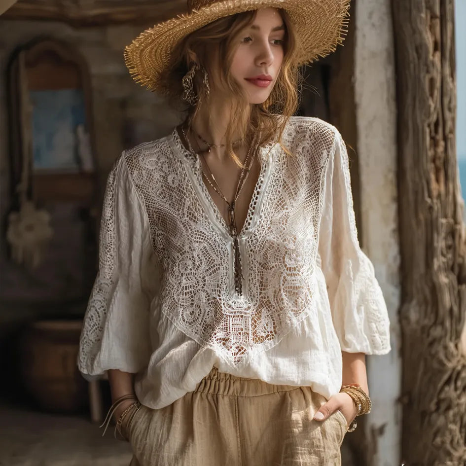 Bohemian Style Women's Vacation Casual Lace Cotton Linen V-neck Top