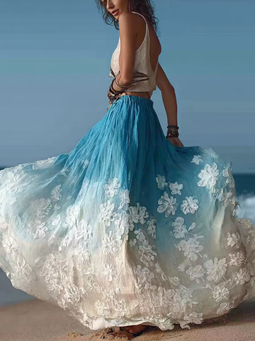 Bohemian Style Plant Flower Gradient Color Half-length Dress