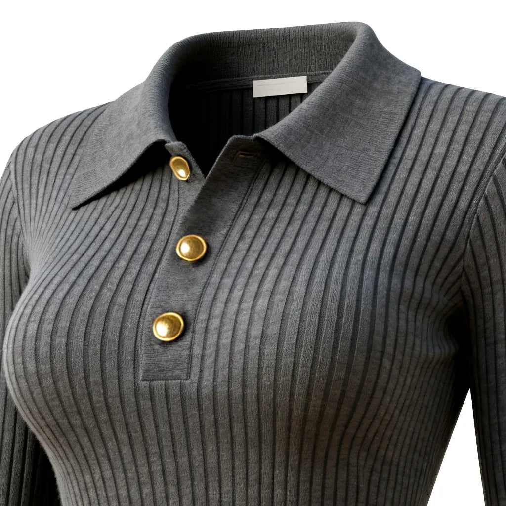 Women's Elegant Gray Ribbed Polo Neck Top With Flared Sleeves