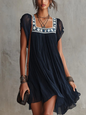 Navy Blue Floral Embroidered Pleated Chiffon Mini Dress