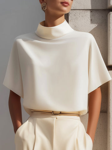 High-Neck Minimalist Draped Blouse Top