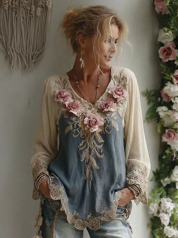 Women's Vintage Pink Rose Embroidery V Neck Long Sleeve T-shirt