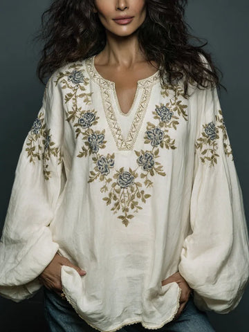 Women's Bohe Floral Embroidered Art Print Flowy Linen Blend Casual Tunic