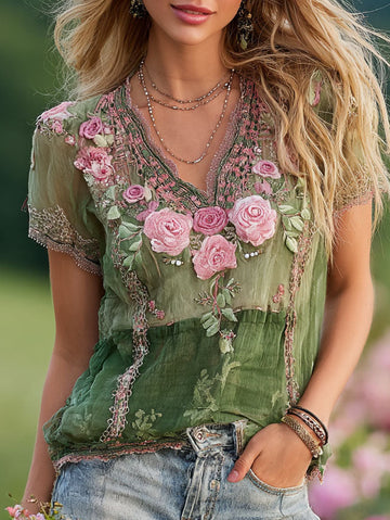 Women's Rose Floral Embroidery Printing Cotton V  Neck T-shirt