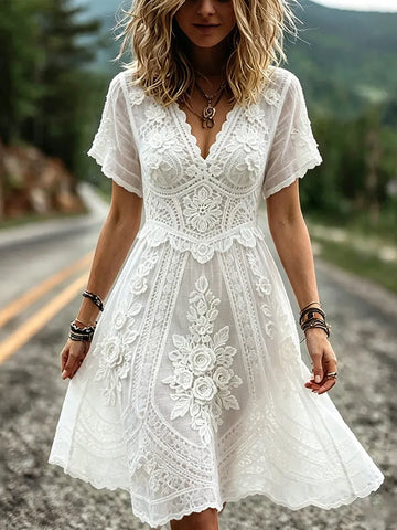 Vintage Floral Lace Patchwork Art V Neck Linen Midi Dress