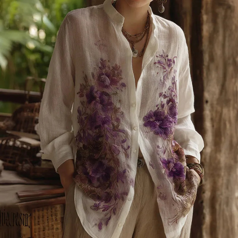 Women's Bohemian Floral Embroidered Linen Shirt