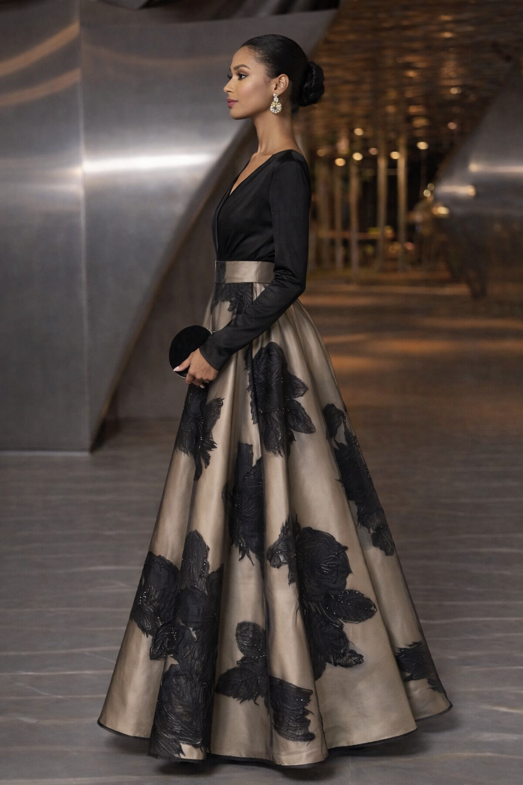Black Champagne 3D Floral Print High Waist A-Line Maxi Dress