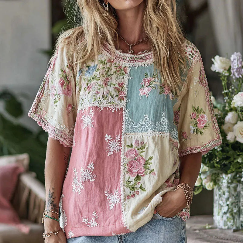 Women's Boho Floral Patchwork Round Neck Linen Blend T-shirt