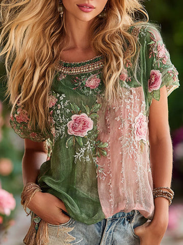 Women's Rose Floral Embroidery Ombre Printing Cotton Round Neck T-shirt