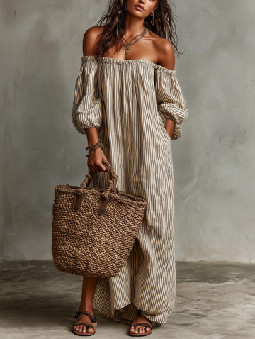 Women's Vacation Cotton-linen Blend Off-shoulder Long-sleeved Maxi Dress MDZ0481B5Y