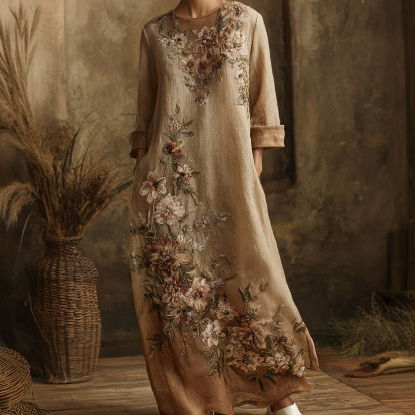 Women's Floral Embroidered Linen Long-sleeved Dress