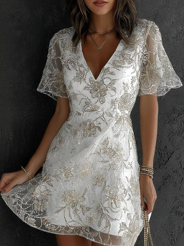 Women's Floral Art Embroidery Casual Linen Blend V-neck Mini Dress