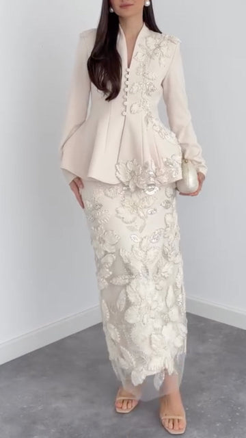 loLace Peplum Jacket & Floral Lace Midi Skirt Co‐Ord Set
