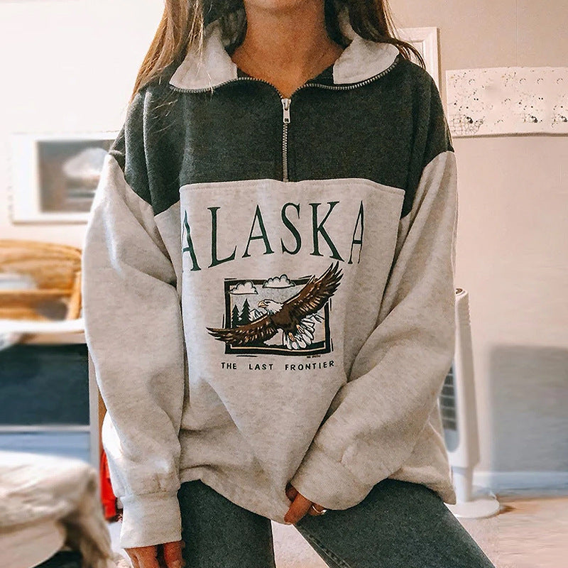 Women's Fashion Zipper Print Long Sleeve Blouse Hoodie Lady Wq42