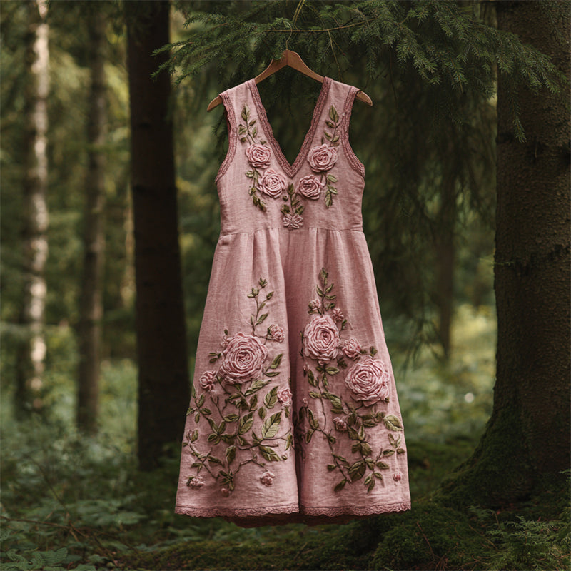 Vintage Pink Roses Embroidered Linen Tank Dress