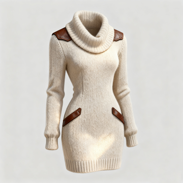 Women's Vintage Cream High Neck Knitted Dress With Leather Accents