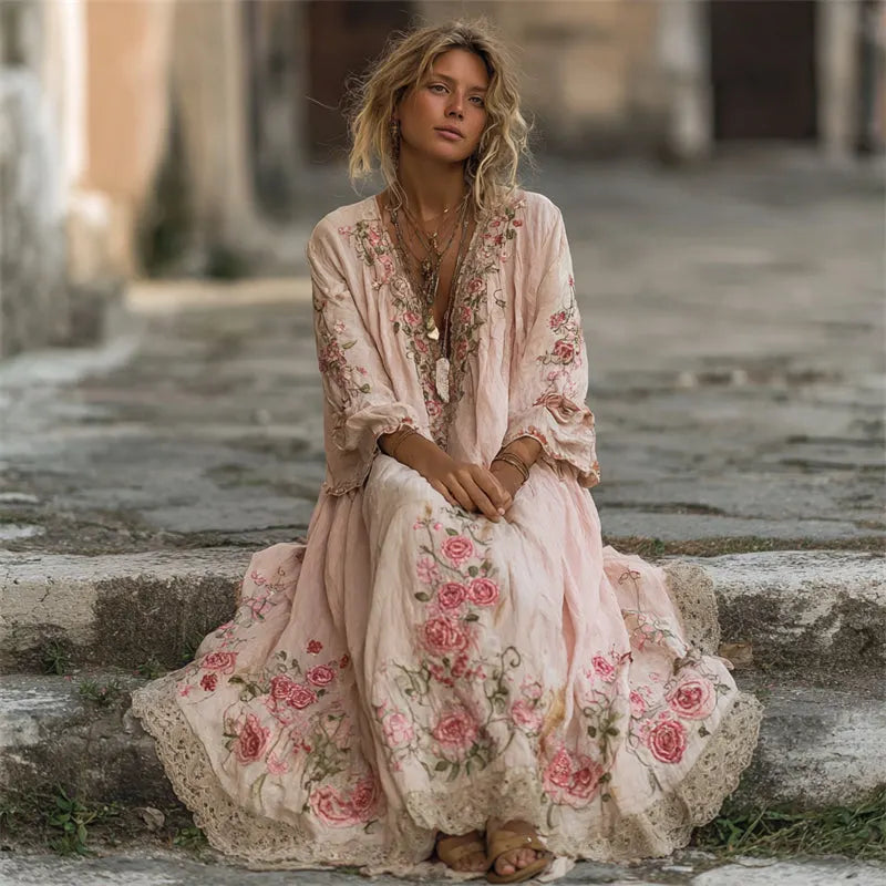 Vintage Pink Roses Vines Embroidered Linen Maxi Dress