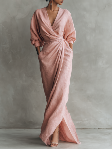 Women's  Pink Minimalist V-neck Linen Blend Maxi Dress MDA1655L0Y