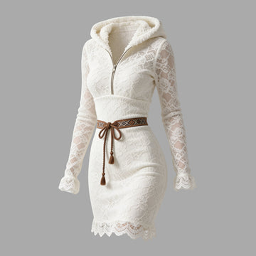Women's Lace Half-Zip Hooded Slim Fit Dress