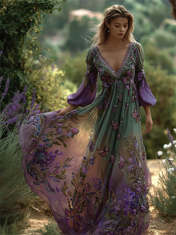 Classy Butterflies Floral Gradient Flowy Linen Maxi Dress
