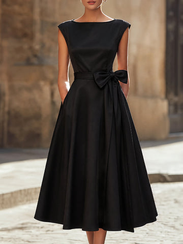 Timeless Elegance Boat-Neck A-Line Midi Dress With Oversized Side Bow