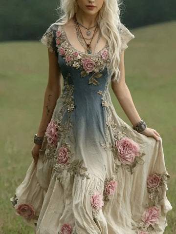 Women's Vintage Roses Art Gradient Print Flowy Linen Blend Casual Short Sleeve Maxi Dress