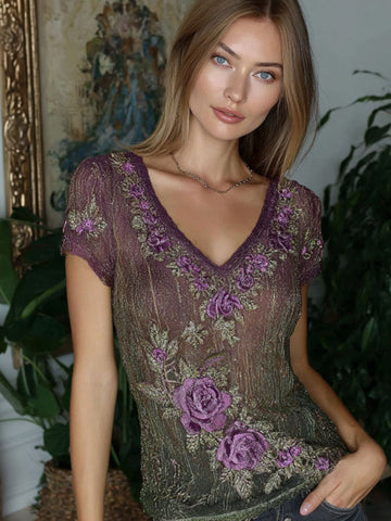 Women's Retro Purple Rose Embroidery Glitter Cotton Linen V-neck Short-sleeve T-shirt