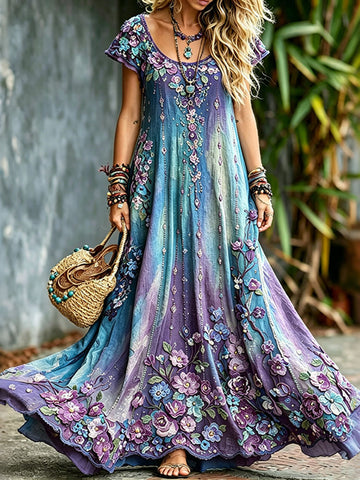 Women's Vintage Romantic Floral Art Linen Blend Round Neck Maxi Dress