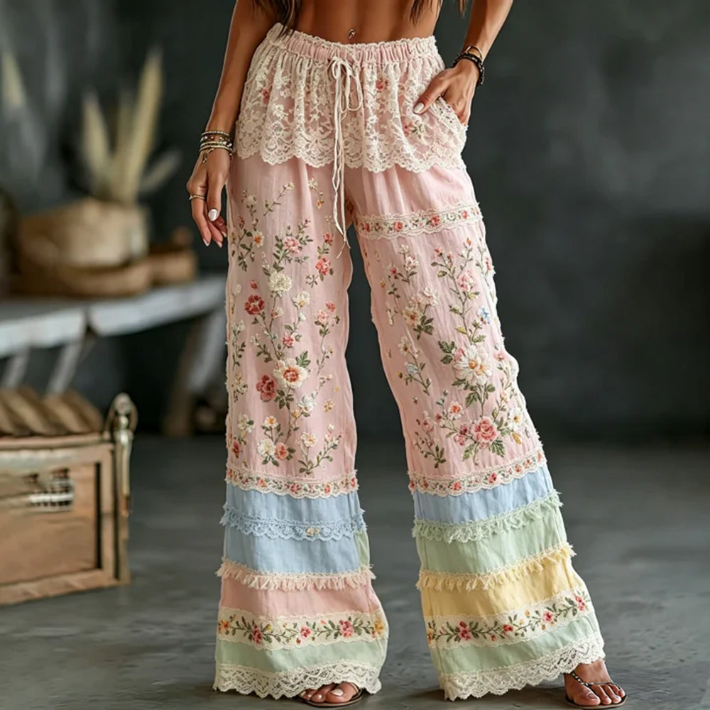 Women's Retro Floral And Lace Embroidery Patchwork Art Comfortable Linen Blend Casual Pants