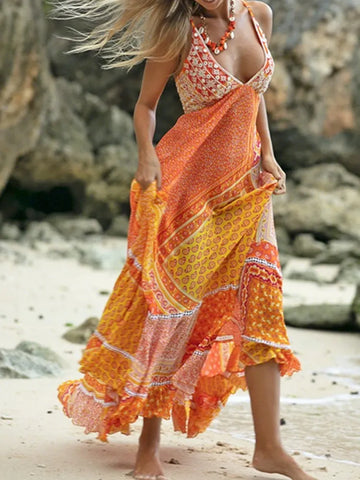 Boho Floral With Paisley Patchwork Patterns Maxi Suspender Dress
