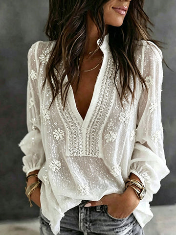 Women's Romantic White Rose Art Linen Blend Long Sleeve Tops