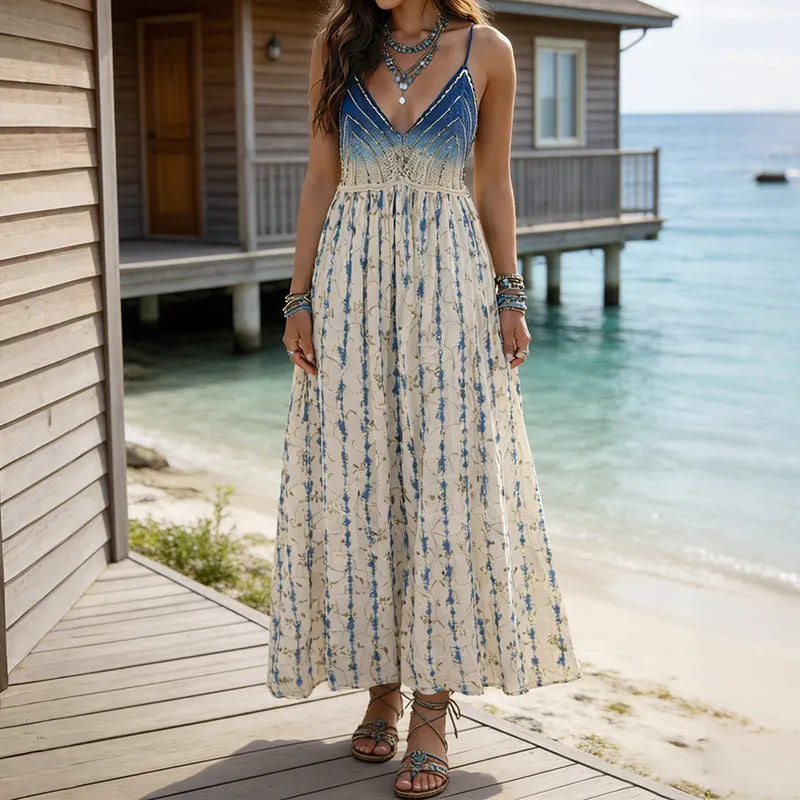 Vintage Boho Line Art Tie-dye Gradient Print Maxi Dresss